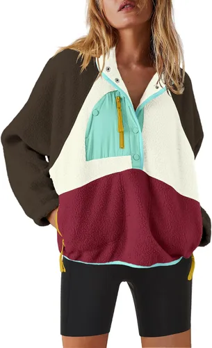 Vista 35 de Nirovien - Chaqueta de forro polar con capucha para mujer, manga larga, sherpa, sudadera mullida, abrigada, con botones y bolsillos Un rosa