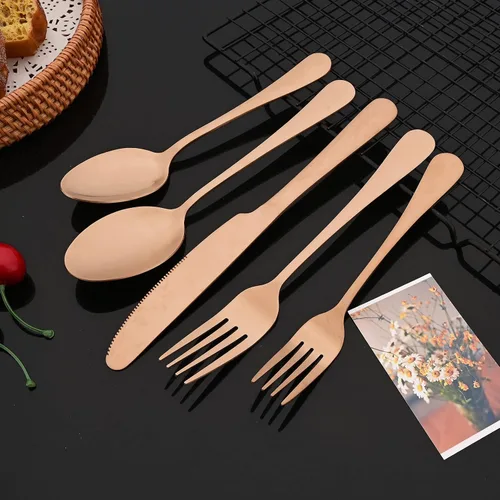 Vista 6 de JASHII Juego de cubiertos de acabado satinado, 20 piezas, servicio para 4, juego de cubiertos de titanio, juego de utensilios de cobre mate, incluye