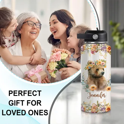 Vista 3 de Hyturtle Botella de agua personalizada con diseño de oso – Botella de acero inoxidable aislada de viaje con tapa a prueba de fugas, 18 onzas, 32