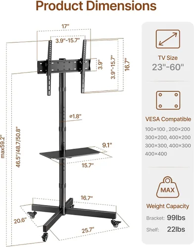 Vista 9 de Soporte de TV rodante resistente para pantallas de 23 a 60 pulgadas, soporta 121 libras (TV de 99 libras + estante de 22 libras), carrito de TV