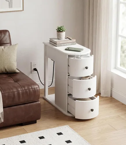 Vista 9 de Henf Wooden Narrow Side Table w/Charging Station&Hidden Cup Holders,Black Black-3 Drawers