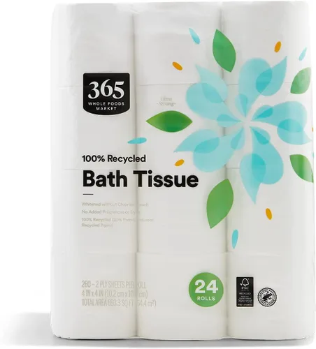 Vista 4 de 365 by Whole Foods Market, Papel de baño 100% reciclado, ultra fuerte, 260 hojas por rollo, 12
