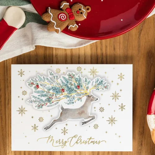 Vista 2 de Punch Studio - Tarjetas navideñas en caja con diseño dimensional de ciervo de invierno en verdes, con 12 tarjetas adornadas y sobres (45428), multi