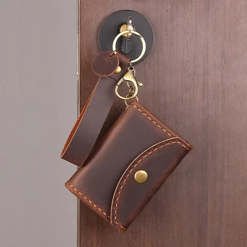Vista 5 de Cartera de cuero genuino para tarjetas de crédito, organizador de tarjetas de crédito para mujeres y hombres, monedero pequeño llavero, Café, Simple