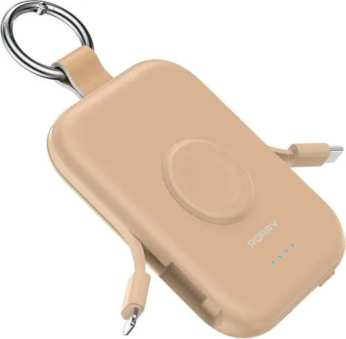 Vista 9 de RORRY Cargador portátil, batería externa portátil de 5000 mAh con cables integrados, paquete de batería en llavero de viaje para Apple Watch Negro