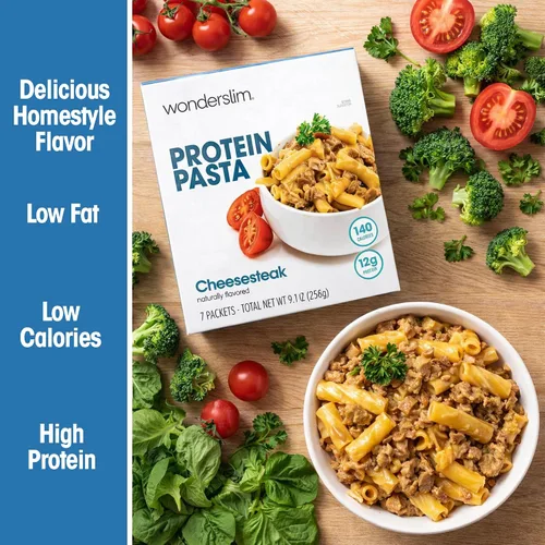 Vista 5 de WonderSlim Pasta de Proteína, Macarrones con Queso y Filete, 140 Calorías, 12g de Proteína (7 unidades)