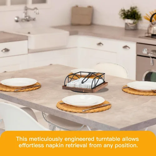 Vista 4 de Servilletero para mesa, madera de acacia y metal, giratorio de 360°, rústico, cuadrado, para servilletas de papel, decoración de mesa de comedor