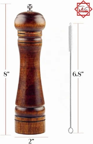 Vista 2 de Molinillo de pimienta de madera o molino de sal con un cepillo de limpieza, 8 pulgadas de alto, el mejor molinillo de pimienta o sal de madera