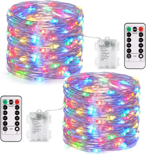 Vista 26 de JMEXSUSS Paquete de 2 Luces de Hadas Verdes a Batería, Total 200 LED 66 pies Luces de Cadena Parpadeantes con Control Remoto, 8 Modos de Luces