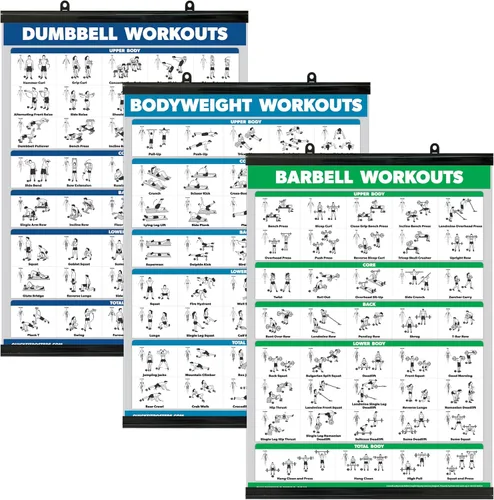 Vista 7 de QUICKFIT - Juego de 3 tablas de entrenamiento con mancuernas + ejercicios de peso corporal + póster de rutina con barra – Juego de 3 tablas