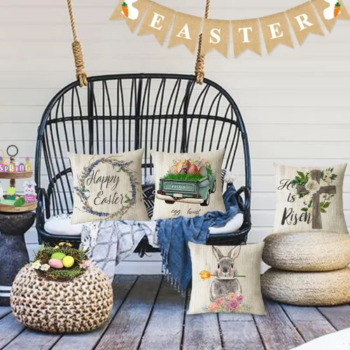 Vista 6 de YeeJu Juego de 4 fundas de almohada de Pascua de 20 x 20 pulgadas, fundas de almohada de primavera de Pascua, huevos de conejo, caza, camión, fundas