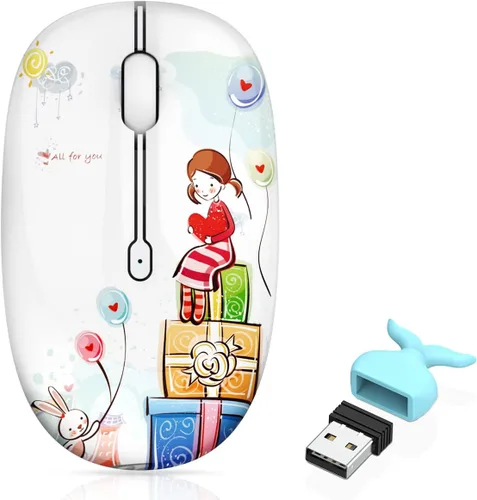 Vista 16 de FMOUSE Bonito mouse inalámbrico, Bluetooth y modo dual de 2.4 GHz con receptor USB, clic silencioso, alimentado por batería AA, para niños, Niña