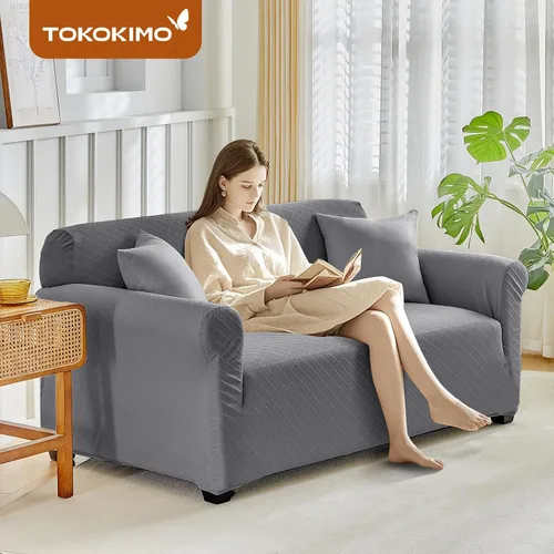 Vista 4 de Tokokimo Funda de sofá biplaza 100% impermeable, protector de muebles a prueba de fugas para niños, mascotas (sofá biplaza, gris) con margen de tela