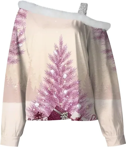 Vista 4 de GIANTHONG Sudaderas de Navidad para mujer, con hombros descubiertos, camisas de manga larga, cuello de piel, ropa de otoño e invierno