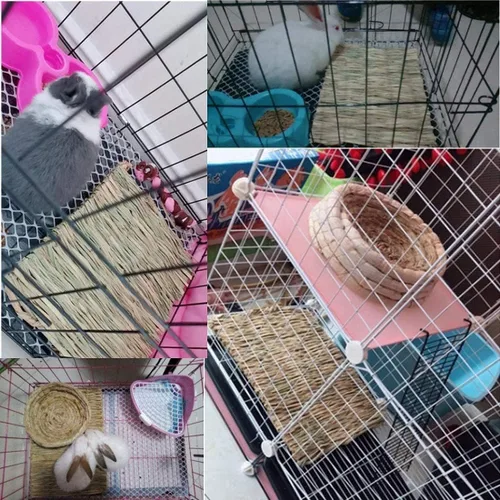 Vista 2 de Hamiledyi Alfombrilla de césped tejida para animales pequeños, 4 piezas de ropa de cama de conejito grande, juguete para masticar, juguete de cama