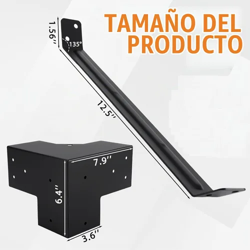Vista 2 de 4 soportes de pérgola de 4 x 4 pulgadas (real: 3.6 x 3.6 pulgadas), soporte de esquina de ángulo recto de 3 vías, kit de pérgola de bricolaje con 8