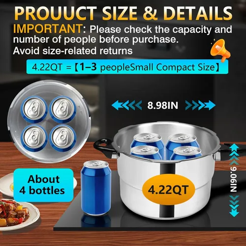 Vista 3 de Olla a presión pequeña de aluminio de 4.22 cuartos de galón/4 litros, mini olla a presión compacta para 2-4 personas, calor uniforme resistente