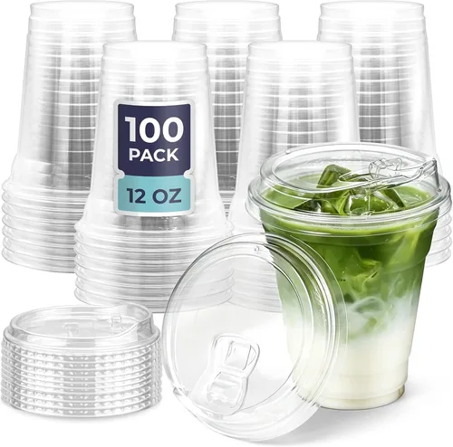 Vista 20 de Fit Meal Prep Paquete de 50 vasos de plástico transparente de 12 onzas con tapas sin pajilla, tazas de café de plástico desechables con tapas, tazas