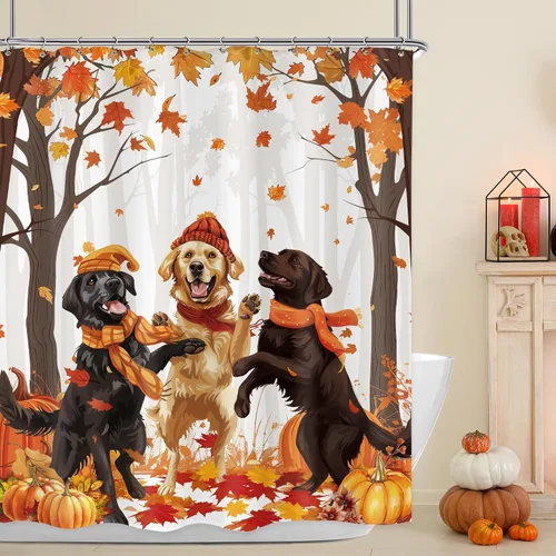 Vista 2 de AMBZEK Cortina de ducha de otoño para perro, 60 pulgadas de ancho x 72 pulgadas de largo, hojas de arce, calabaza, caricatura, cachorro, divertidos