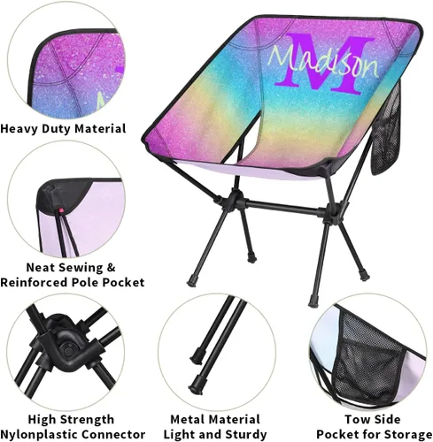 Vista 4 de Silla de camping personalizada portátil con nombre, silla plegable ligera para playa, senderismo, rosa, azul y dorado
