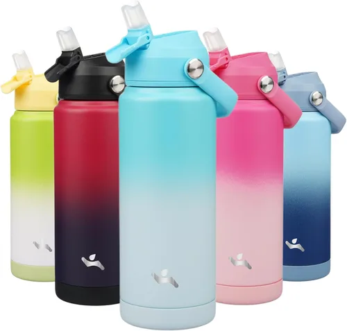 Vista 53 de Konokyo Botella de agua aislada con tapa de pajilla, botella de metal al vacío de acero inoxidable de 18 onzas con mango de silicona, color negro