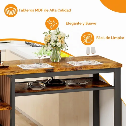 Vista 8 de DKLGG Juego de mesa de comedor para 2, juego de comedor rústico a altura de bar con almacenamiento y taburetes de mostrador, mesa de isla para Marrón