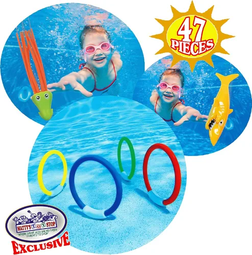 Vista 7 de Matty's Toy Stop Juego de buceo de 47 piezas para buceo/piscinas con palos de buceo, anillos de buceo, gemas, bolas, peces, torpedos, tiburones