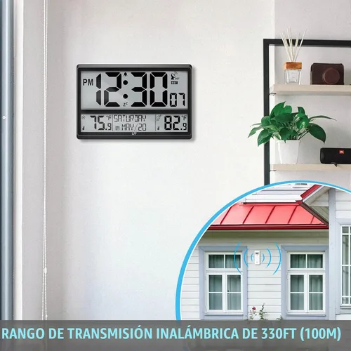 Vista 7 de Reloj atómico LFF de 4.5" con números, reloj de pared atómico que nunca necesita configuración, temperatura interior y exterior con sensor Negro
