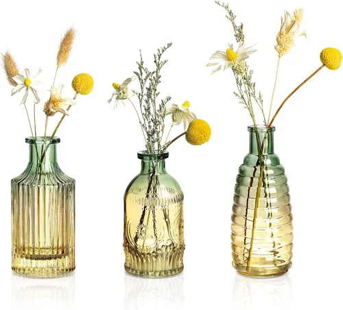 Vista 7 de Joeyan Juego de 3 jarrones de cristal ámbar – Florero decorativo rústico – Jarrón pequeño para botellas de centro de mesa para bodas, hogar