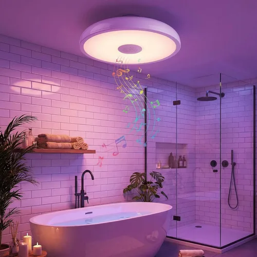Vista 2 de Lámpara de techo impermeable mejorada con música LED con altavoz Bluetooth, certificado FCC UL1598, luz cambiante de color de 18 W con control