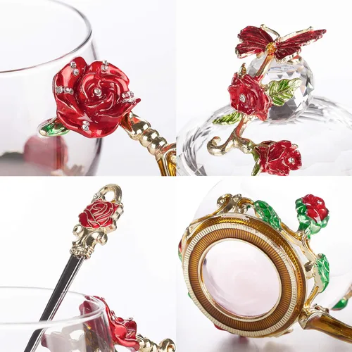 Vista 8 de BTaT- Juego de tazas de té de vidrio floral con tapas y cuchara, paquete de 2, 11 onzas, azul y rojo, diseño de flores con caja de regalo, tazas