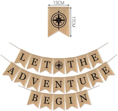 Vista 4 de SWYOUN Cartel de arpillera con texto en inglés «Let the Adventure Begin», suministros para fiestas temáticas de viaje, baby shower, graduación