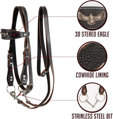 Vista 3 de Brida de cuero para caballos, bridas ajustables para caballos con puntas y riendas de cuero desmontables