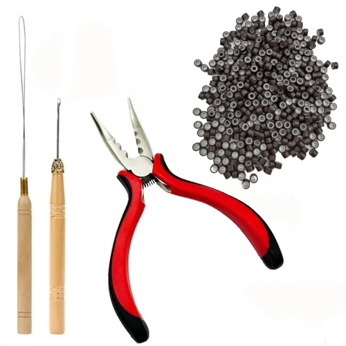 Vista 10 de Kit de herramientas de extensiones de cabello, accesorios profesionales de peluquería, 500 piezas de cuentas de microanillo, 1 alicate, 2 ganchos