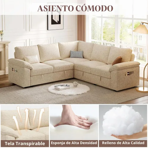 Vista 5 de Sofá modular de 85 pulgadas con cama extraíble, sofá modular de 5 asientos en forma de L con almacenamiento, sofás seccionales para sala de estar
