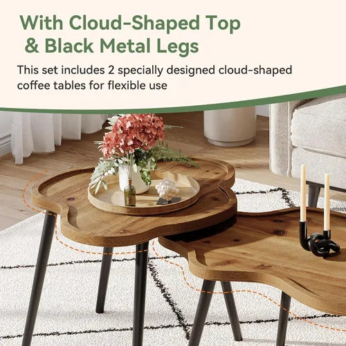 Vista 8 de Juego de 2 mesas de centro anidables, mesas de centro de madera maciza con mesa de nube, mesas decorativas apilables con pies antideslizantes