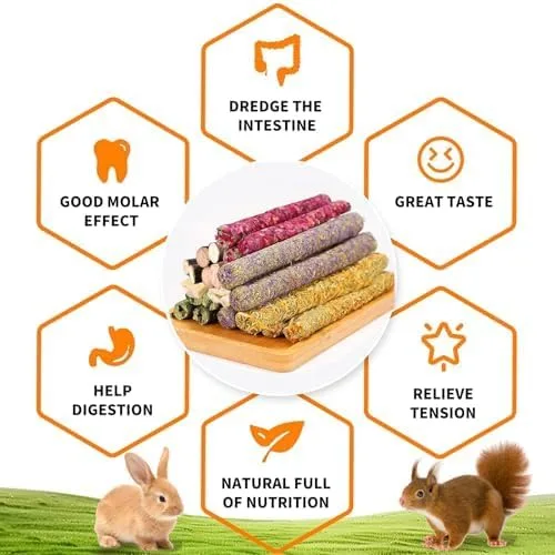 Vista 10 de Jorewood Juguetes masticables para conejos, cesta colgante natural con bambú dulce, heno Timothy, palitos de melocotón para conejos, chinchillas