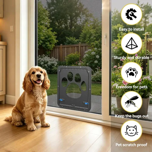 Vista 4 de Puerta para perros para puerta de pantalla, puerta para gatos con inserto pequeño para puerta corredera de fácil instalación, pequeña 8"×10