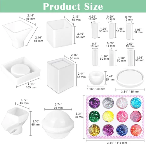 Vista 2 de Kit de moldes de resina de silicona, 26 piezas, moldes epoxi, fundición grande con 12 lentejuelas de purpurina para fundición UV, incluyendo esfera