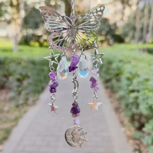 Vista 3 de Colgante de bola de prisma de cristal con diseño de mariposa para el hogar, jardín, decoración de coche