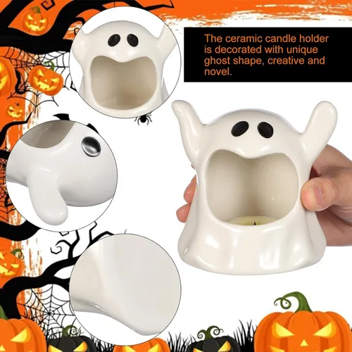 Vista 7 de DECHOUS Portavelas fantasma de Halloween: lindo candelabro votivo de cerámica fantasma, decoración de mesa, portavelas de Halloween para el hogar