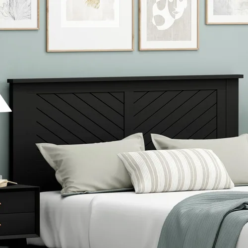 Vista 3 de ComfIQ Serene - Cabecera de madera de álamo tamaño completo en negro, panel de granja moderno con ranurado en chevron, estilo costero casual, fácil