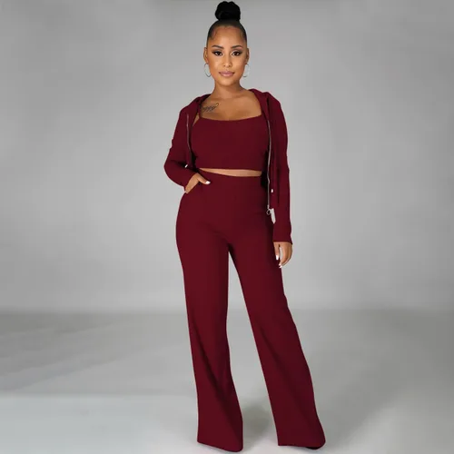 Vista 2 de WUSENST Women 3 Piece Outfits Ribbed Knit Long Cardigan Crop Tank Top Wide Leg Palazzo Pant Lounge Sets