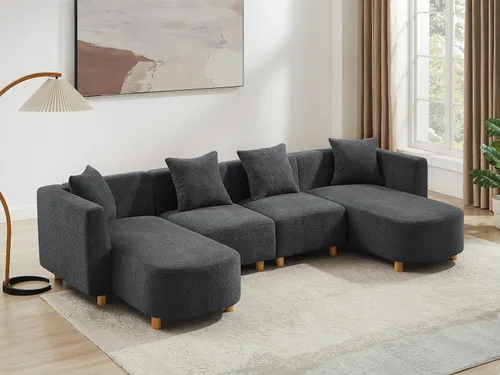 Vista 12 de VANOMi 279 cm Sofá modular seccional con 3 almohadas, cómodo sofá de chenilla en nube convertible de 5 plazas con reposapiés, sofás seccional