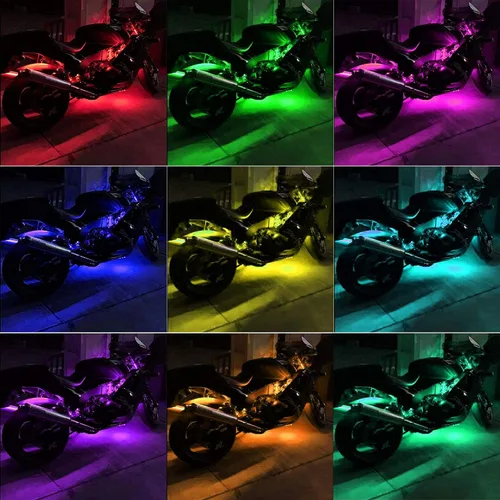 Vista 2 de Juego de 6 tiras de luces LED para motocicleta, control remoto inalámbrico RF, impermeable, RGB, multicolor, neón, efecto de tierra, atmósfera