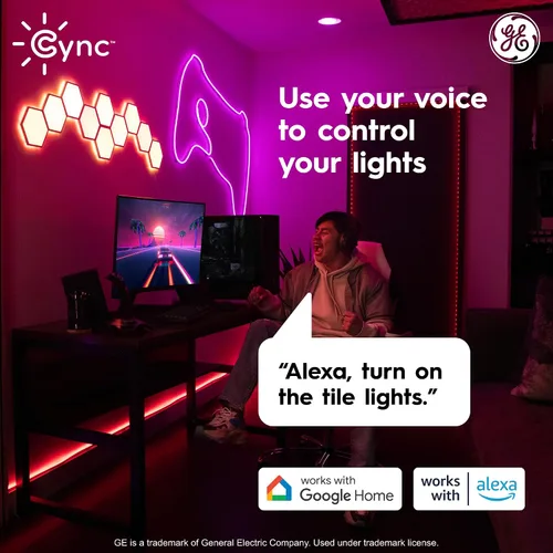 Vista 6 de Cync GE Dynamic Effects - Luces LED hexagonales inteligentes con WiFi que cambian de color, paneles de luz de pared para decoración de habitación