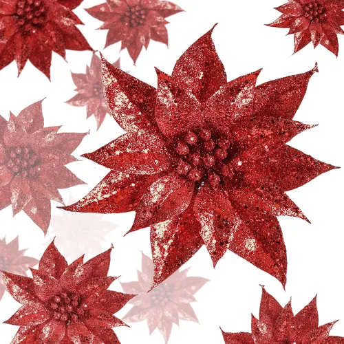 Vista 8 de Sggvecsy 15 piezas de flores de Halloween con purpurina para Navidad, adornos de árbol de Navidad con flores de pascua brillantes, flores