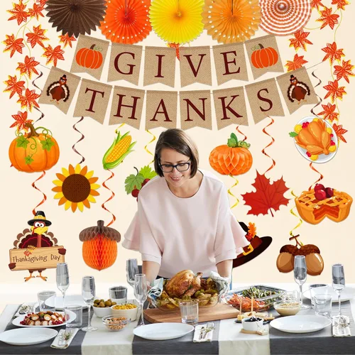 Vista 5 de Decoraciones de Acción de Gracias, pancarta de agradecimiento y calabaza, pavo, remolinos colgantes, guirnalda de hojas de arce, decoración temática