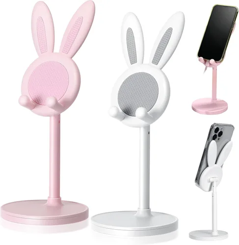 Vista 11 de Kathfly Paquete de 2 bonitos soportes para teléfono, soporte ajustable para teléfono de conejito para escritorio, soporte Kawaii, accesorios