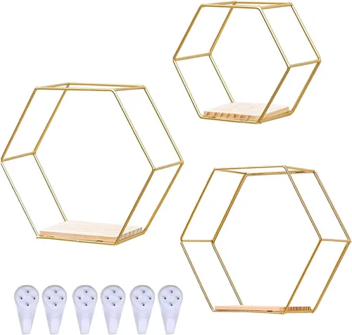 Vista 6 de Wnvivi 3 estantes flotantes hexagonales montados en la pared, marco de metal con base de madera, decoración de estante colgante, soporte de Negro